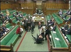 Eight men break into the House of Commons and disrupt the Hunting debate. Reuters.